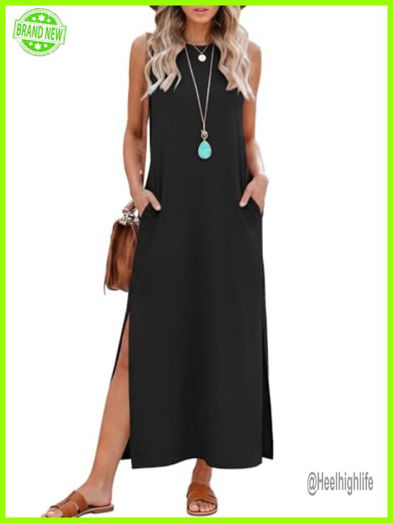 Dresses & Skirts - Women's Maxi Side Slit Long Dress with Pockets Casual Flowy